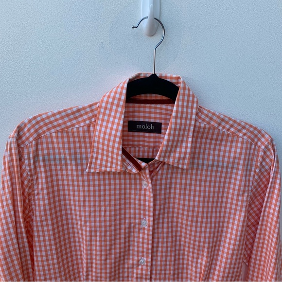 Moloh Ladies Size 2 Gingham Cotton Button Down Shirt Orange White Velvet Trim - Picture 4 of 8